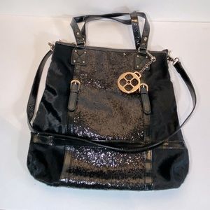 IMAN Faux Fur Glitter Outer Genuine Leather Tote Crossbody Shoulder Bag Black